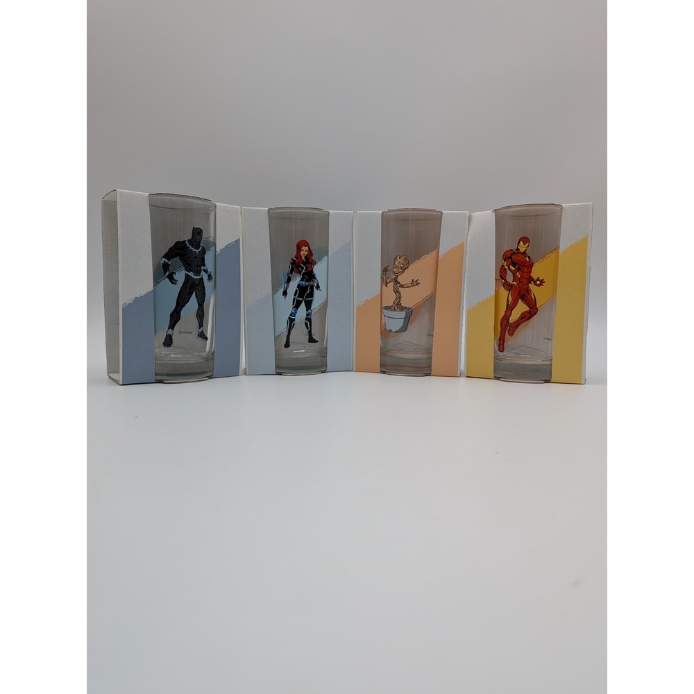 Set of 4 Marvel Drinking Glasses Black Panther - Black Widow - Groot - Iron Man